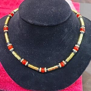 Handcrafted Carnelian, black onyx, gold dipped hematite. POWER NECKLACE